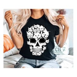 Halloween Skull with Cat, Cat skeleton, Bloom Skull Shirt, Halloween Shirt, Skull Fall Shirt, Flower Skull Skeleton TShi