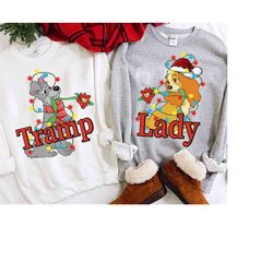Disney Couple Lady And Tramp Christmas Light Matching T-shirt, Mickey's Very Merry Xmas Party Tee, Disneyland Family Vac