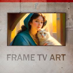 Samsung Frame TV Art Digital Download, Frame TV Expressive Art , Frame TV Modern Interior, Young woman with a white cat