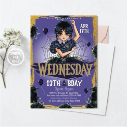Personalized File Wednesday Birthday Invitation Party Invite Printable Editable Addams Family Digital Kid Cake Topper Gi