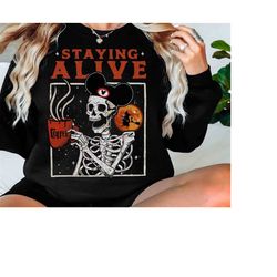 Funny Skeleton Costume Mickey Ear Staying Alive Coffee Halloween Witch Shirt, Mickey's Not So Scary Party Tee, Disneylan
