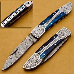 customized handmade damasuse pokit knife ingravable wood handle w lethathe cover