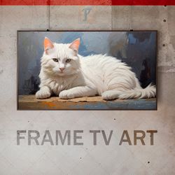 Samsung Frame TV Art Digital Download, Frame TV Animalistic portrait, Frame TV White Fluffy Cat , Modern, Avant-garde