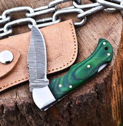 Handmade Damascus Steel Blade Back-Lock Wood Pocket USA Folding Knife EDC Sheath