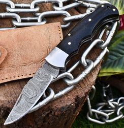 Handmade Damascus Blade Back-Lock Pocket Outdoor USA Folding Knife EDC W/Sheath