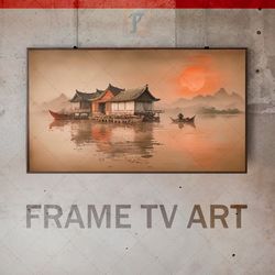 Samsung Frame TV Art Digital Download, Frame TV Art Traditional Chinese, Traditional Painting, Sunrise, Reflection, Boat