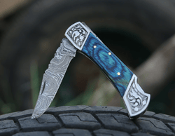 7.0" Back Lock Custom Handmade Damascus Steel Pocket Knife Blue Wood Handle