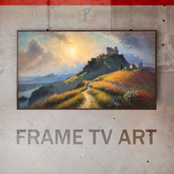 Samsung Frame TV Art Digital Download, Frame TV Art Impressionism, Green hill, Medieval castle, Above the sea, Cliff art