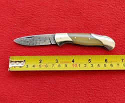 Custom Damascus Steel Folding Pocket Knife Bone Handle Survival Knife