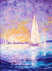 Sailboat Painting "EVENING SAILBOATS" Oil Painting on Canvas, Impasto Painting Original Art by "Walperion Paintings"