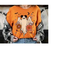 Cute Disney Mickey Mouse Costume Ghost Halloween Floral Shirt, Mickey's Not So Scary Party Tee, Disneyland Family Vacati