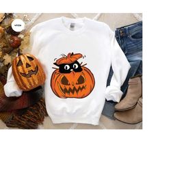 Funny Pumpkin Sweatshirt, Halloween Cat T-Shirt, Halloween Gifts, Spooky Hoodies and Sweaters, Cat Mom Vneck Shirt, Peek