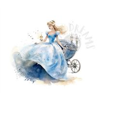 Set of 8 Watercolor Cinderella Digital Images for Printing, T-Shirts, Posters, and More - JPEG, PNG, PDF