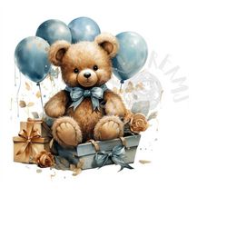 Set of 8 Watercolor Birthday Teddy Bears Digital Images for T-Shirts, Posters, Cards, and More - JPEG, PNG, PDF
