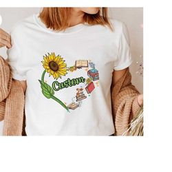 custom shirts, personalized gifts for her, cute book shirt, sunflower graphic tees, teacher gifts, customized vneck tshi