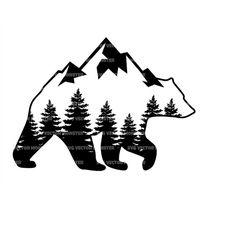 black bear svg, mountain svg, forest svg, bear in woods, bear in trees. vector cut file cricut, silhouette, pdf png eps