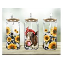 Western Cow Sunflowers 16oz Libbey Glass Png, 16oz Libbey Cup,Libbey Cup Png Sublimation Design,Western Design Png,Digit