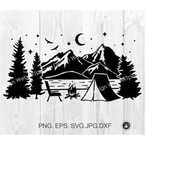Mountain scene camping svg,Lake Scene Adirondack Chairs Campfire Svg,Night Forest Scene Svg Files For DIY T-shirt, Stick