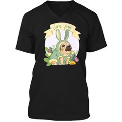 Easter Bunny BUN PUG Dog Lovers Easter Egg Hunting Cute Tees Mens Printed V-Neck T