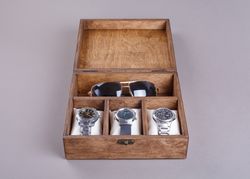 Personalized Wooden Case: Watches, Glasses & Jewelry in One Place. Engraved, Rustic Style with Cushions Included