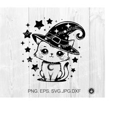 Halloween cat svg cut file Witch cat svg png,Cute cat with witch hat Autumn Children Halloween shirt Silhouette Cricut V