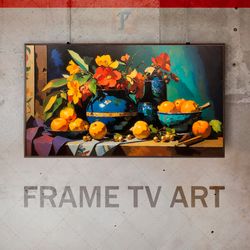 Samsung Frame TV Art Digital Download, Frame TV still life, Frame TV scattered fruits Paul Gauguin style, blue pitcher,