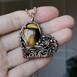 Heart necklace with tiger eye, Copper wire wrap pendant jewelry, Romantic 7th Anniversary gift for wife, Birthday gift