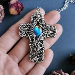 Cross pendant with labradorite, Big statement silver wire wrapped cross necklace jewelry gift