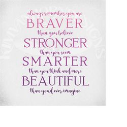 Inspirational Quote svg, Always Remember You Are Braver, Stronger, Smarter, More Beautiful, Cut Files, Mirrored jpeg, Di