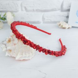 Red Coral crystal headband crown, Wedding red headpiece, Bridal jeweled hair piece, Bling gemstone hairband, Stone tiara