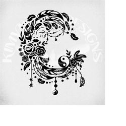 Boho Feather Moon Single Layer svg & dxf Cut Files, Printable png for framing and Mirrored jpeg for Iron On Transfer Pap