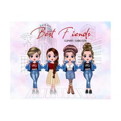 Customizable Best Friends Chibi Cute Clipart, Friendship Clipart, Soul Sisters Clipart, Girl Standing,Besties Clipart, F