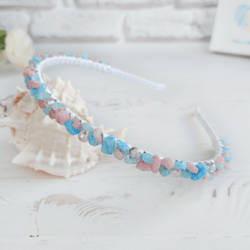 Pink Blue wedding crystals headband, Bridal bead hair piece, Quartz Aquamarine hair accessories, Festival thin crown