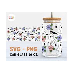 floral ghost, libbey 16oz can shaped glass svg, spooky season glass can wrap, svg digital download, instant downloads