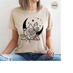 Floral Moon Graphic Tees,  Celestial Shirts for Women, Astronomy T-Shirt, Gifts for Her, Gifts for Women, Crystal Shirt,