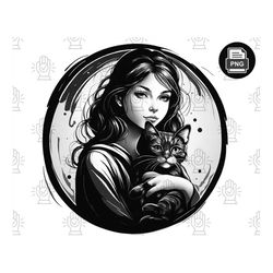 Enchanting Girl with Cat Black and White PNG File - Sublimation Designs, Graphics - Digital Print, Download - Cat Lover