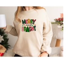Merry and Bright Sweatshirt, Merry Christmas Sweatshirt, Christmas Tree Sweater, Family Christmas Sweater, Holiday Crewn