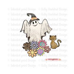 Floral Halloween Ghost PNG 2 style files Spooky Season Png DIGITAL DOWNLOAD  cat leopard  Retro Sublimation Groovy Png c