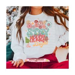 Merry and Bright PNG-Christmas Sublimation Digital Design Download-retro flowers png groovy Santa png, groovy Christmas