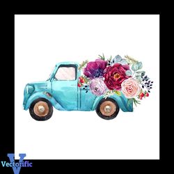 Watercolor Illustration Blue Pickup Flowers Peony Svg, Flower Svg, Flower Truck Svg, Blue Truck Svg, Peony Svg, Birthday