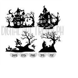 Halloween scene Svg, Haunted House Halloween SVG, Halloween Silhouettes, Scary graveyard Svg, Haunted house Svg, Clipart