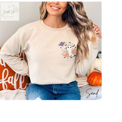 Cute Floral Ghost Pocket Design Halloween Sweatshirt | Retro Flowers Bats Ghost Crewneck Sweatshirt | Cute Spooky Pocket