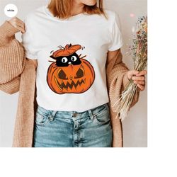 Funny Pumpkin Shirt, Halloween Cat Shirt, Halloween Gifts, Spooky Sweatshirt, Kids Shirts, Cat Mom Vneck T-Shirt, Peekin