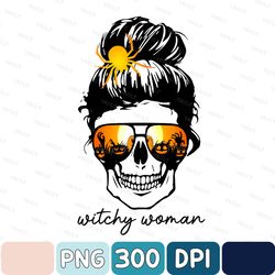 Witchy Woman Messy Bun Hair Skull Halloween Pumpkin Png, Witchy Woman Png, Halloween Skull Png, Halloween Png
