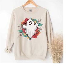 Floral Ghost sweatshirt, Cute woman Halloween sweater, ghost sweatshirt, Halloween ghost design sweater, Gifts for Hallo