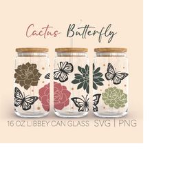 succulent butterfly libbey can glass svg, 16 oz can glass, succulent svg, cactus svg, botanical svg, butterfly can glass