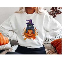 Black Cat on Pumpkin Sweatshirt, Black Cat Sweater, Halloween Black Cat Design, Halloween Gifts for Cat Owner