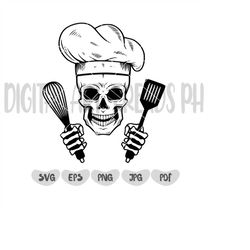 Chef Skull SVG | Skeleton Cook SVG | Kitchen SVG | Restaurant Cafe Cooking Knife Food | Cutting Files Clipart Vector Dig