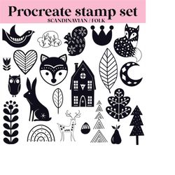 Scandinavian folk art Procreate stamp /  brush set bundle / 25 designs
