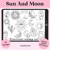 sun and moon procreate stamp / celestial brush set bundle /30 unique designs
